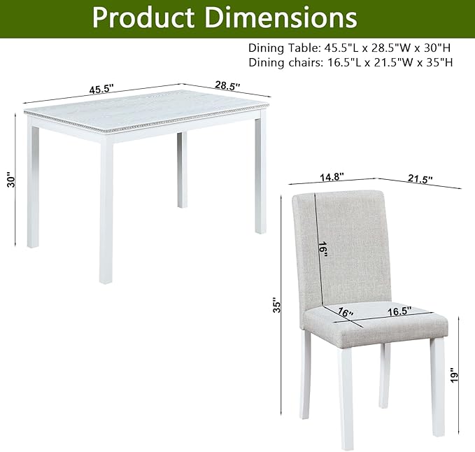5 Piece Dining Table Set for 4, Rectangular Wooden Kitchen Table with 4 Upholstered Chairs, Elegant White Dining Room Set with Crystal Decoration
