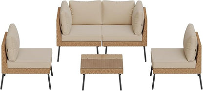 Aoxun Patio Furniture Set, 5 Piece Outdoor Sectional Sofas with Thick Cushion, Wicker Outdoor Patio Furniture Set with Coffee Table for Party, Garden, Backyard, Beige