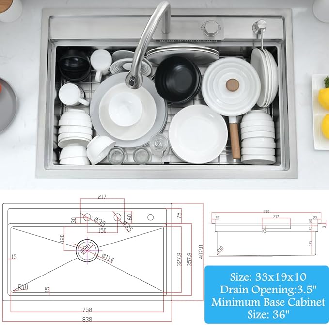 33 Inch Drop In Waterfall Kitchen Sink Workstation-Bokaiya 33x19 Drop In Kitchen Sink with Faucet Combo Stainless Steel Top Mount 16 Gauge 10" Deep Single Bowl Waterfall Sink with Soap Dispenser