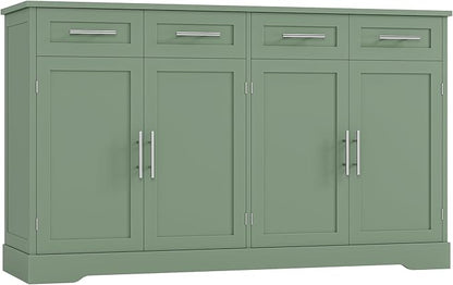 HOSTACK 60" Large Buffet Sideboard with Storage, 36" Tall Kitchen Buffet Storage Cabinet with 4 Drawers, Modern Coffee Bar Cabinet with Gold Handles, Long Sideboard Buffet Table for Kichen, Green