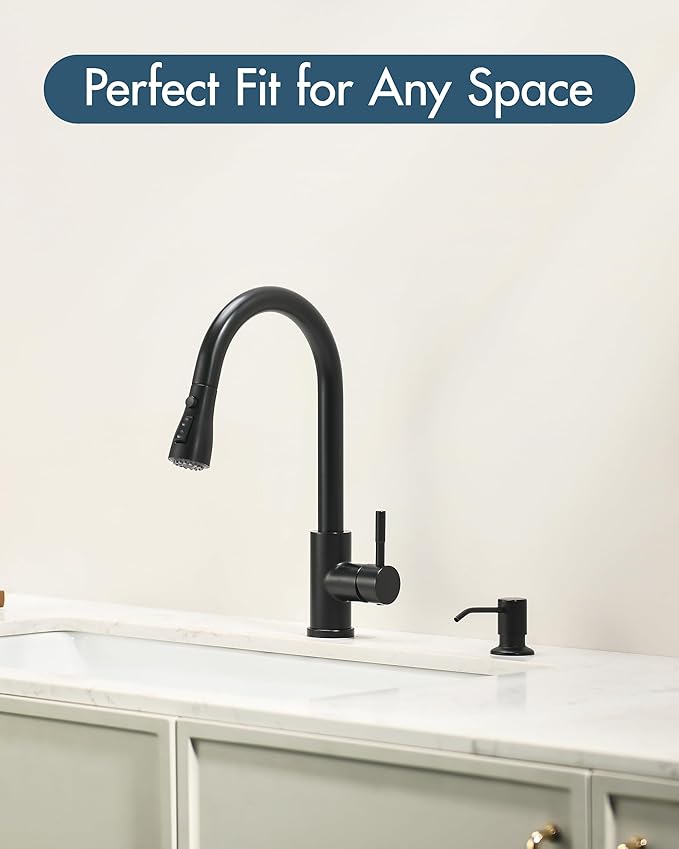 GIMILI Kitchen Faucet with Soap Dispenser Single Hole Kitchen Sink Faucet with Pull Down Sprayer Suitable for Farmhouses RV Laundry Room Outdoor and Campers Matte Black