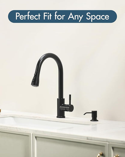 GIMILI Kitchen Faucet with Soap Dispenser Single Hole Kitchen Sink Faucet with Pull Down Sprayer Suitable for Farmhouses RV Laundry Room Outdoor and Campers Matte Black