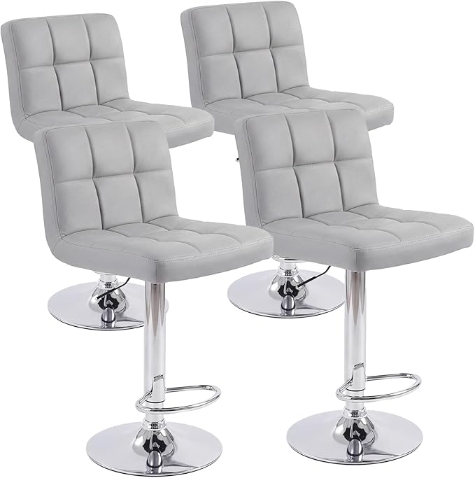 DUMOS Bar Stools Set of 2, 24 inch Counter Height Bar Stools, Upholstered Modern Kitchen Barstools with Metal Base, PU Leather Saddle Stools for Kitchen Island, Grey
