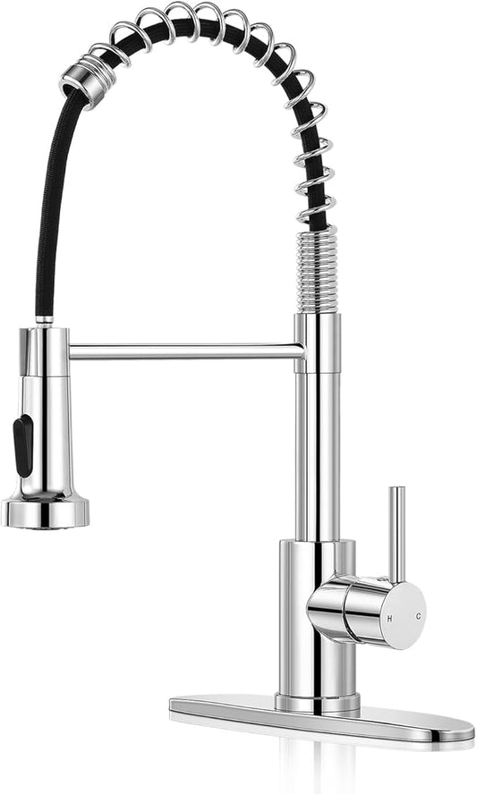 Kitchen Faucet with Pull Down Sprayer,Commercial Single Handle Stainless Steel Kitchen Faucets with Deck Plate (Chrome)