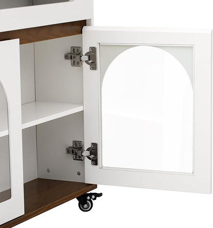 Merax Extendable Rolling Kitchen Island with Folding Table Top, Storage Cabinet with Drawers, Power Outlet & Locking Wheels for Kitchen, Dining Room, Small Space,White+Walnut