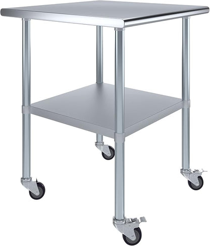 Stainless Steel Work Table with Wheels | NSF Kitchen Island Food Prep | Laundry Garage Utility Bench (Table + Wheels, 30" Long x 30" Deep)