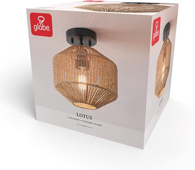 GLOBE Electric 65902 1-Light Flush Mount Ceiling Light, Matte Black, Paper Twine Shade