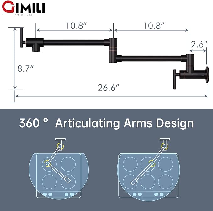 GIMILI Oil Rubbed Bronze Pot Filler Commercial Wall Mount Folding Double Joint Swing Arm Pot Filler Rotatable Wall Faucet
