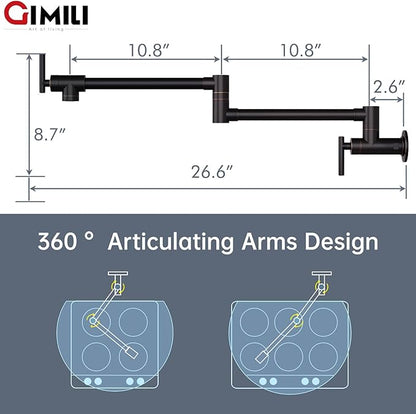 GIMILI Oil Rubbed Bronze Pot Filler Commercial Wall Mount Folding Double Joint Swing Arm Pot Filler Rotatable Wall Faucet