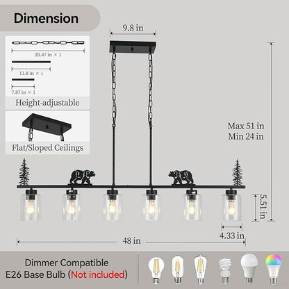 Dining Room Light Fixture/Chandelier Over Table,6-Light Kitchen Island Lighting Hanging for Farmhouse Linear Chandeliers Black Rustic Ceiling Pendant Light Fixtures with Clear Glass Shade