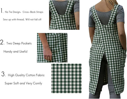 Larmliss Women's Pinafore Square Apron Baking Cooking Gardening Works Cross Back Cotton/Linen Blend Dress with 2 Pockets
