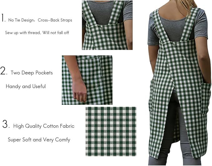 Larmliss Women's Pinafore Square Apron Baking Cooking Gardening Works Cross Back Cotton/Linen Blend Dress with 2 Pockets