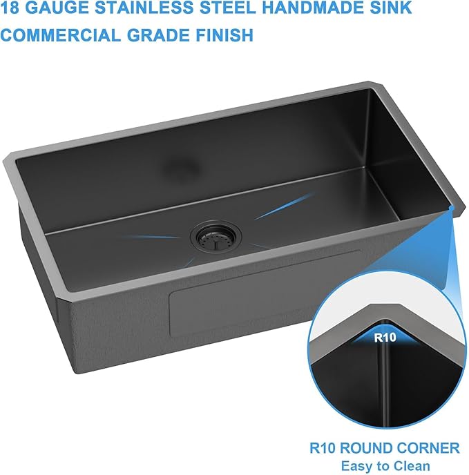 33 Inch Black Undermount Kitchen Sink-33x19 Gunmetal Black Undemrount Sink 18 Gague Stainless Steel Single Bowl Handmade Sinks Large Deep Under Counter Basin 33"x19"x9"