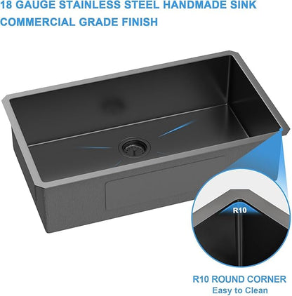33 Inch Black Undermount Kitchen Sink-33x19 Gunmetal Black Undemrount Sink 18 Gague Stainless Steel Single Bowl Handmade Sinks Large Deep Under Counter Basin 33"x19"x9"
