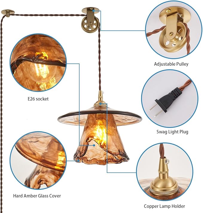 YLONG-ZS Vintage Glass Hanging Pendant Light Plug in, Modern Gold Brass Pulley Hanging Ceiling Pendant Lights for Kitchen Island,Dining Room,Living Room,Bedroom,Corner, Hotel
