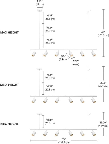 Globe Electric 64000124 55" 6-Light Adjustable Height Track Lighting, Matte White, Pivoting Heads, Modern Ceiling Light for Kitchen, Hallway or Dining Room, Dimmer Switch Compatible