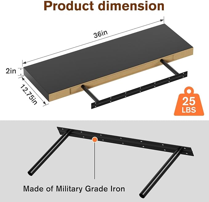 Floating Shelf, Set of 1 Wall Shelf, 36 in W x 12.75 in D x 2 in H Wooden Floating Wall Shelf with Invisible Brackets for Living Room/Bedroom/Bathroom/Kitchen Storage and Decor, Black