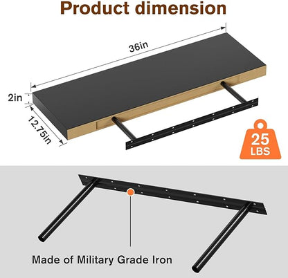 Floating Shelf, Set of 1 Wall Shelf, 36 in W x 12.75 in D x 2 in H Wooden Floating Wall Shelf with Invisible Brackets for Living Room/Bedroom/Bathroom/Kitchen Storage and Decor, Black