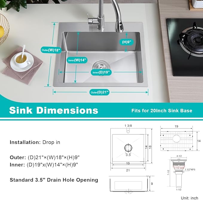 21 inch Kitchen Sink Drop in, 18 Gauge Stainless Steel Brushed Single Bowl Topmount Kitchen Sink with 1 Faucet Hole,D21" x W18" x H9"