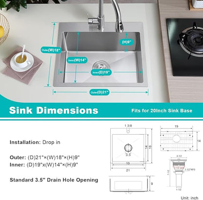 21 inch Kitchen Sink Drop in, 18 Gauge Stainless Steel Brushed Single Bowl Topmount Kitchen Sink with 1 Faucet Hole,D21" x W18" x H9"