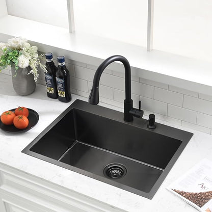 26 inch Black Drop in Kitchen Sink - VOKIM 26"x 19" Inch Drop in sink Stainless Steel Single Bowl top mount Sink With Dish Grid