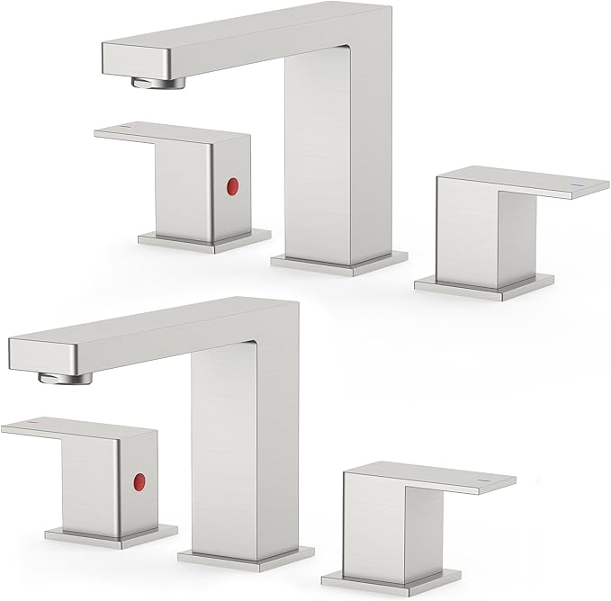 FORIOUS 2 Pack Brushed Nickel Bathroom Faucets 3 Hole, 2 Handle Square 8 in Widespread Bathroom Sink Faucet Brushed Nickel 3 Hole with Metal Pop Up Drain, CUPC Water Hoses