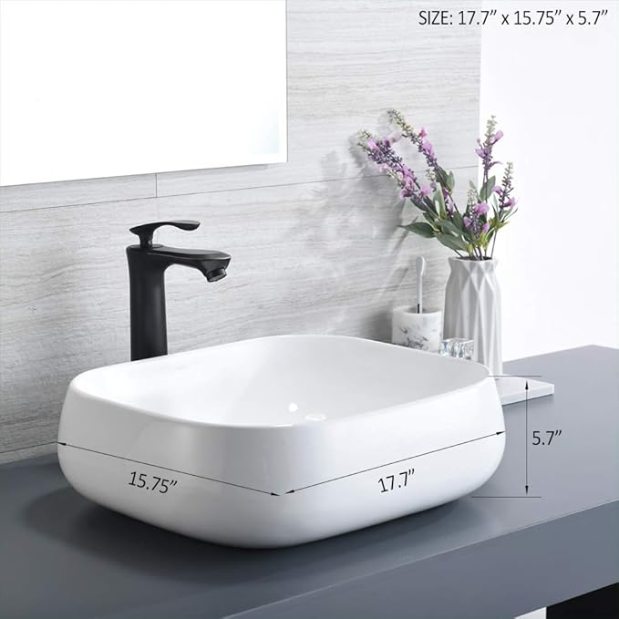 Rectangle Vessel Sink, 18"x16" Modern White Ceramic Bathroom Vessel Sink Above Counter Lavatory Vanity Porcelain Washinng Art Basin