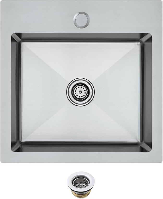 MENATT 15x15 inch Drop-in Bar Sink with 1 Faucet Hole, T-304 Stainless Steel Handmade Single Bowl Kitchen Rv Sink with 2" Drain Hole, Brushed