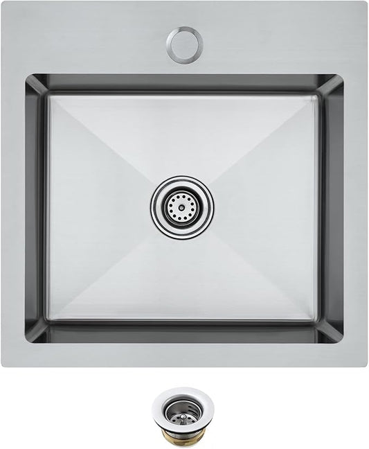 MENATT 15x15 inch Drop-in Bar Sink with 1 Faucet Hole, T-304 Stainless Steel Handmade Single Bowl Kitchen Rv Sink with 2" Drain Hole, Brushed