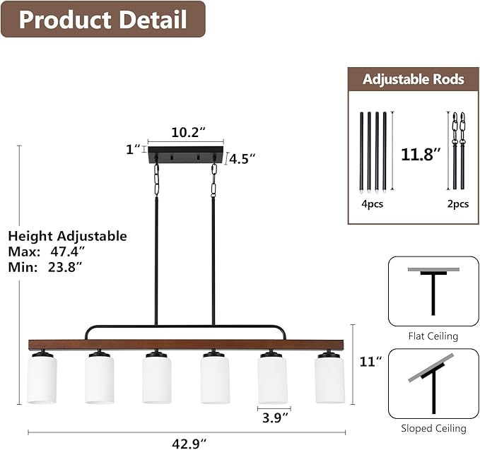 Farmhouse Dining Room Light Fixture Over Table, Black 6-Light Wood Kitchen Island Lighting with Milk White Glass, Industrial Linear Chandelier Pendant Lights