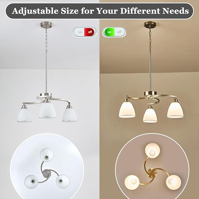 3 Lights Brushed Nickel Farmhouse Chandelier Retractable Kitchen Island Light with Milk White Frosted Glass Max 59" Height Adjustable Silver Hanging Ceiling Light for Dining Room Living Room Entry
