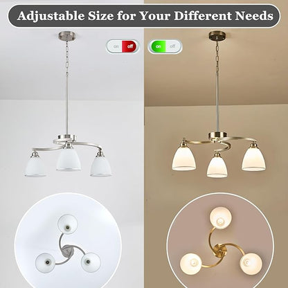 3 Lights Brushed Nickel Farmhouse Chandelier Retractable Kitchen Island Light with Milk White Frosted Glass Max 59" Height Adjustable Silver Hanging Ceiling Light for Dining Room Living Room Entry