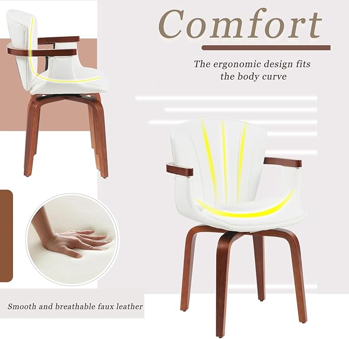 Geelife Mid-Century Bentwood Dining Chair – Heat-Pressed Pu Leather in White+Walnut - Timeless Design & Bentwood Craftsmanship - Dining Rooms, Home Offices, Kitchen Islands - Elegant for Any Season