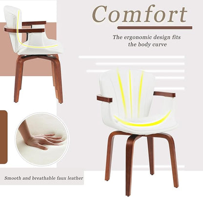 Geelife Mid-Century Bentwood Dining Chair – Heat-Pressed Pu Leather in White+Walnut - Timeless Design & Bentwood Craftsmanship - Dining Rooms, Home Offices, Kitchen Islands - Elegant for Any Season