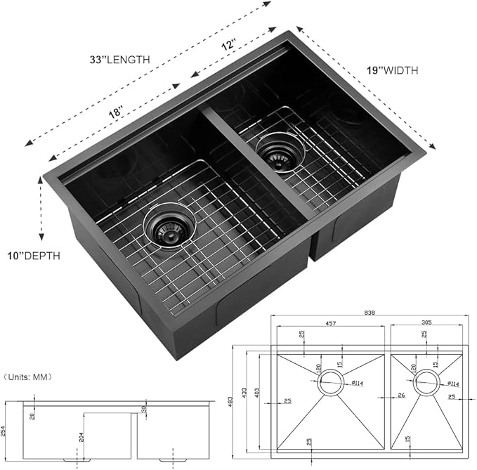 33 Inch Black Undermount Kitchen Sink Double Bowl-iAnomla 33x19 Black Stainless Steel Kitchen Sink Under Mount Workstation Sinks 16 Gauge 60/40 Low Divide Double Sinks with Cutting Board