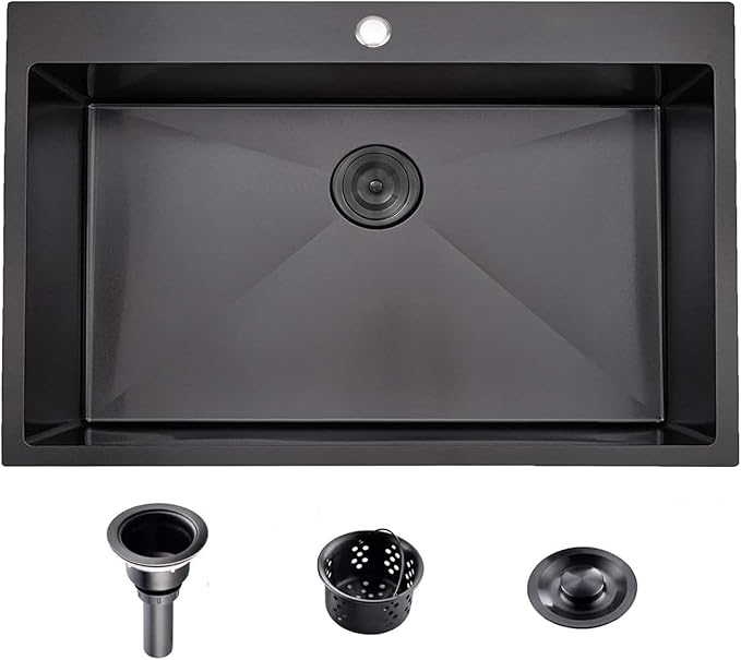 Comllen 28x18 inch Stainless Steel Black Drop In Kitchen Sink,28 Inch Topmount Sinks,16 Gauge 9 Inch Deep Single T304 Single Bowl Kitchen Sink With Strainer