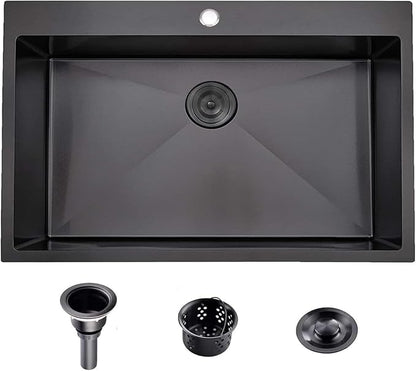 Comllen 28x18 inch Stainless Steel Black Drop In Kitchen Sink,28 Inch Topmount Sinks,16 Gauge 9 Inch Deep Single T304 Single Bowl Kitchen Sink With Strainer