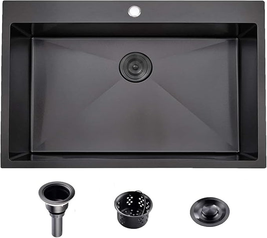 Comllen 28x18 inch Stainless Steel Black Drop In Kitchen Sink,28 Inch Topmount Sinks,16 Gauge 9 Inch Deep Single T304 Single Bowl Kitchen Sink With Strainer