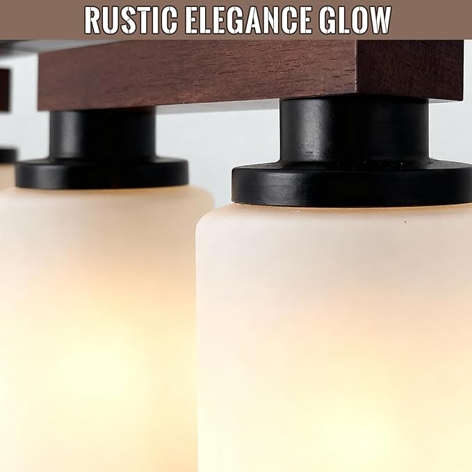 4-Light Kitchen Island Lighting & Farmhouse Dining Room Light Fixtures Over Table, Rustic Wood Linear Chandelier Adjustable Ceiling Hanging Pendant - Rotating Design, Customizable Shapes, Milk Glass