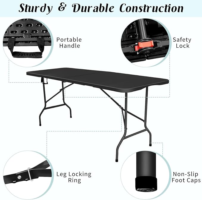 Folding Table 6ft Foldable Table with Built in Handle & Steel Legs / 6FT Heavy Duty Folding Portable,Perfect for Party, Dining Indoor/Outdoor Events, Tailgating & Backyard BBQ, Black