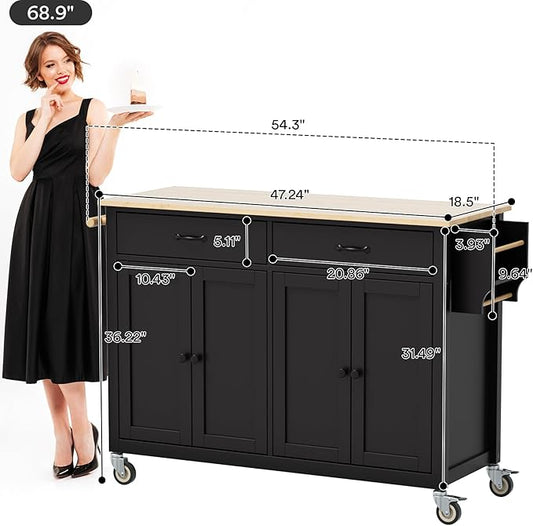 Rovibek Rolling Kitchen Island on Wheels Large Portable Mobile Moveable Islands Wood with Storage Drawers Cabinet Spice Rack Towel Rack for Kitchen Dining Room Jet Black