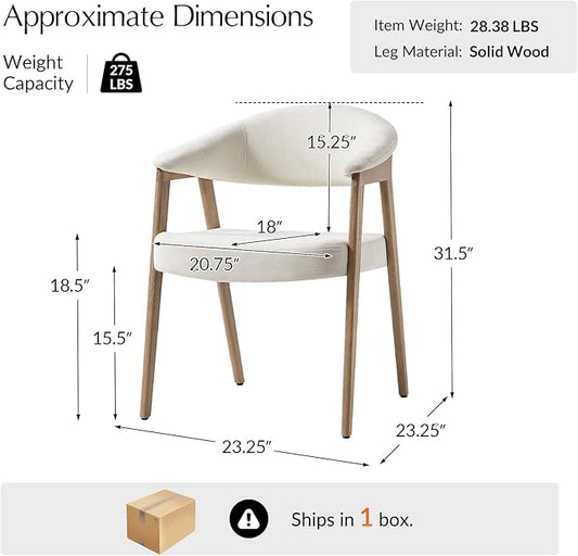 HULALA HOME Dining Chairs with Arm Set of 2, Mid-Century Modern Upholstered Kitchen Dining Room Chair with Solid Wood Legs & Curved Backtrst, Armchairs Accent Chairs for Living Room - Ivory