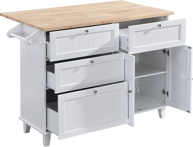 Polibi 3-Piece Kitchen Island Set with Drop Leaf Table and 2 Stools, 5 Drawers, Dining Table Set with Storage Cabinet, Drawers and Towel Rack,White