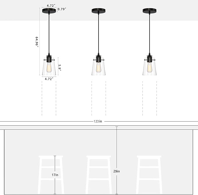 3Pack Pendant Lights Kitchen Island, Modern Industrial Pendant Light Fixtures with Glass Shade, E26 Socket Adjustable Cord for Dining Room, Bedroom, Living Room, Farmhouse Pendant Lighting