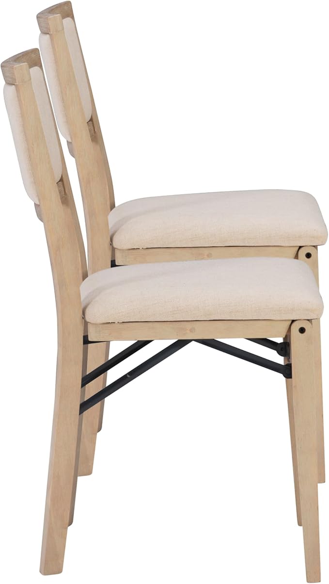 Linon Keira Natural Rustic Wooden Folding Chair with Beige Upholstered Seat and Back Set of 2