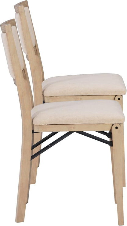 Linon Keira Natural Rustic Wooden Folding Chair with Beige Upholstered Seat and Back Set of 2