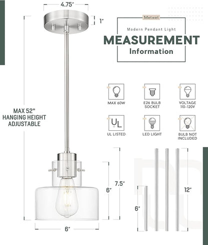 2 Pack Pendant Lights Kitchen Island, 6" Brushed Nickel Pendant Light Fixtures Over Island with Clear Glass Shade, Modern Kitchen Island Lighting for Dining Room Entryway, PL124-BN-G-2PK