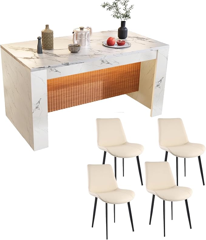 Faux Imitation Dining Table with 4 Velvet Dining Chairs Set, Marble Stripes Kitchen Island Table with Grille Design for 4-6, Luxury Island with LED Lights for Home Kitchen. (White)