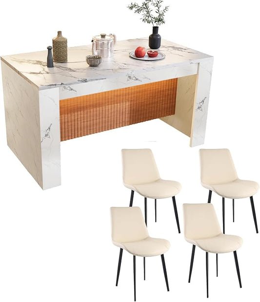 Faux Imitation Dining Table with 4 Velvet Dining Chairs Set, Marble Stripes Kitchen Island Table with Grille Design for 4-6, Luxury Island with LED Lights for Home Kitchen. (White)