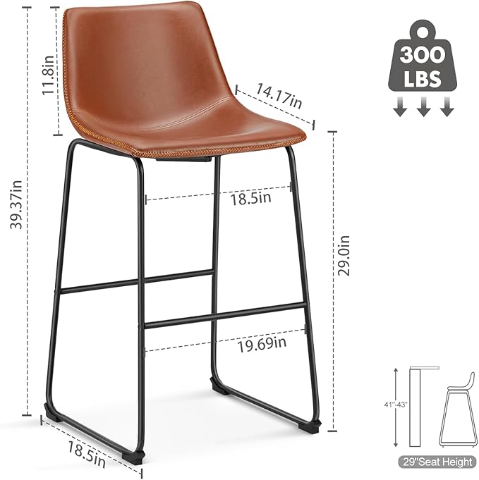 DUMOS Counter Height Bar Stools Set of 2, 30 inch Height Stool Faux Leather Barstools with Back, Armless Kitchen Island Countertop Comfortable Modern Chairs with Metal Legs, Warm Brown